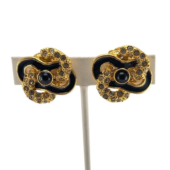 Roxanne Assoulin 1980s Designer Vintage Clip-On Earrings Gold Black Enamel Rhine - Picture 5 of 8